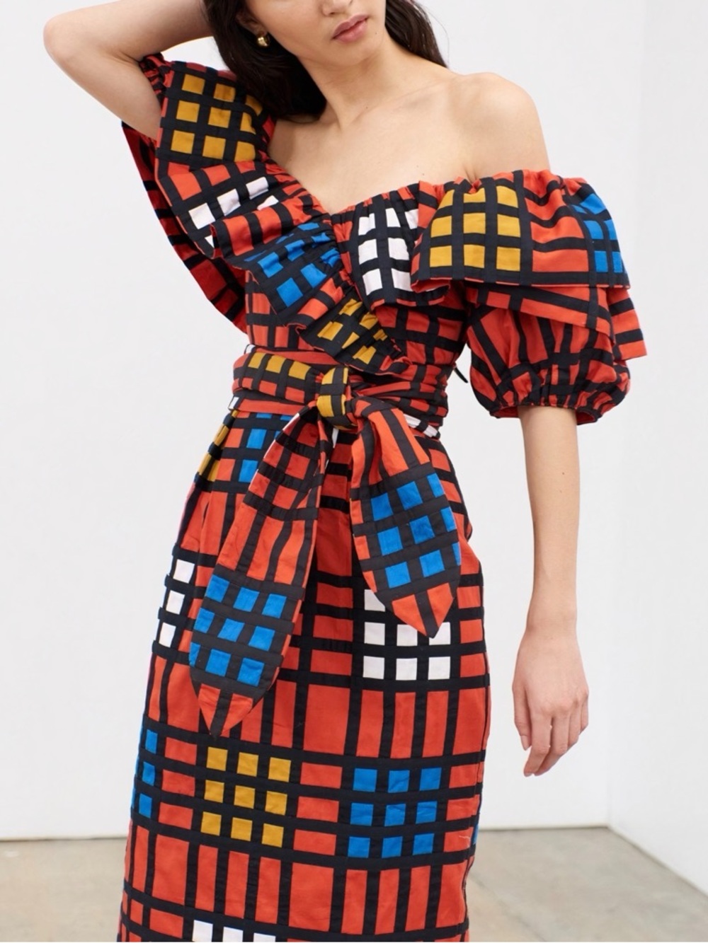 NWOT Mara Hoffman Midi Plaid Puff-Sleeve Arabella Off-The-Shoulder Dress - Picture 4 of 9